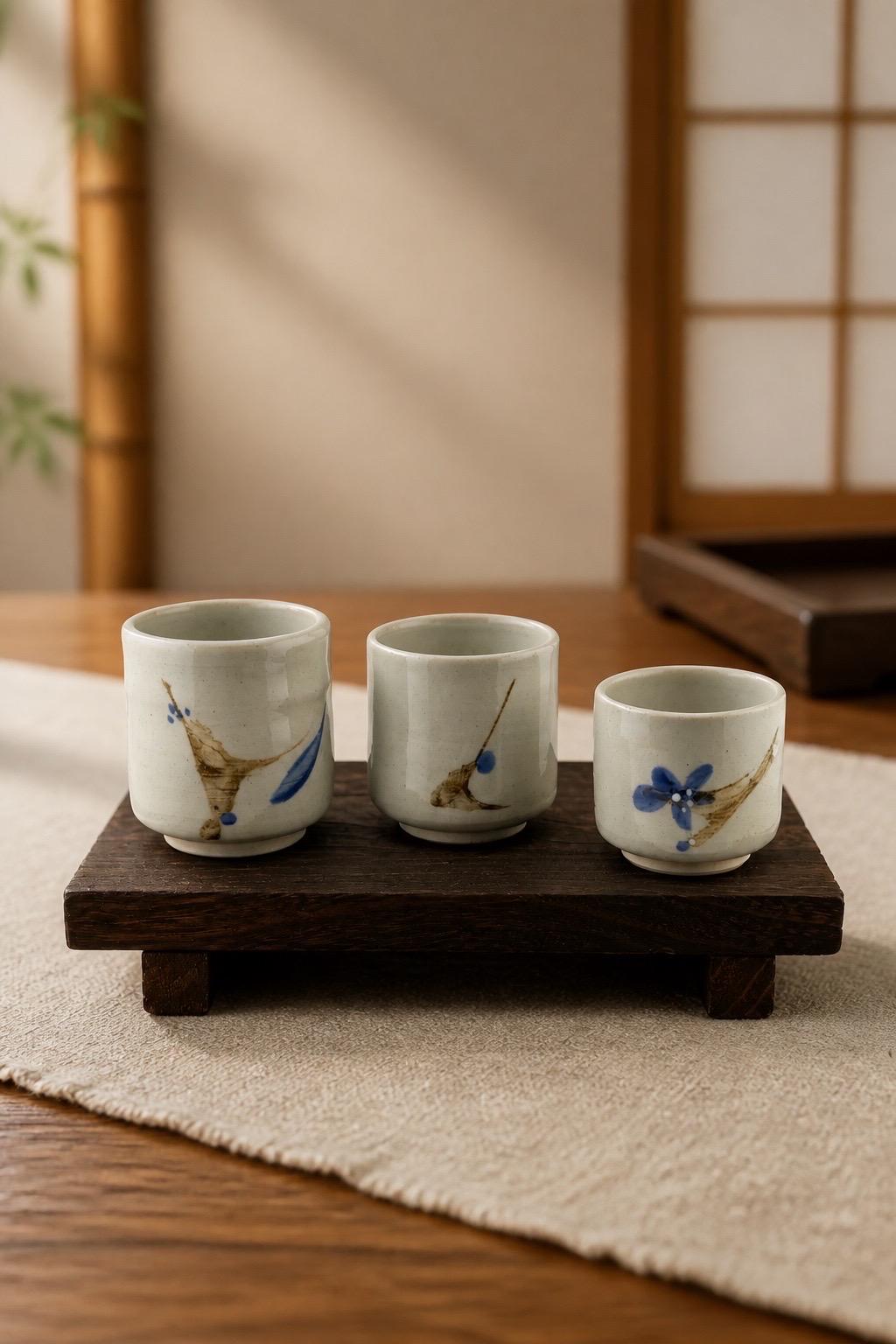 Yunomi en grès blanc avec décor sumi-e cobalt, vue 1 sur 10, tasse à thé japonaise façonnée à la main par Terresme.