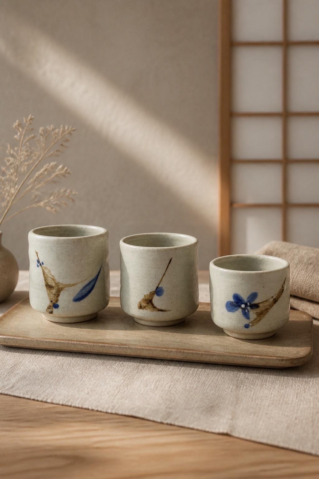 Yunomi en grès blanc avec décor sumi-e cobalt, vue 2 sur 10, tasse à thé japonaise façonnée à la main par Terresme.