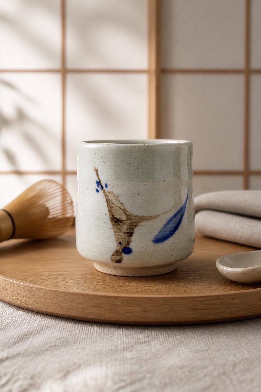Yunomi en grès blanc avec décor sumi-e cobalt, vue 3 sur 10, tasse à thé japonaise façonnée à la main par Terresme.