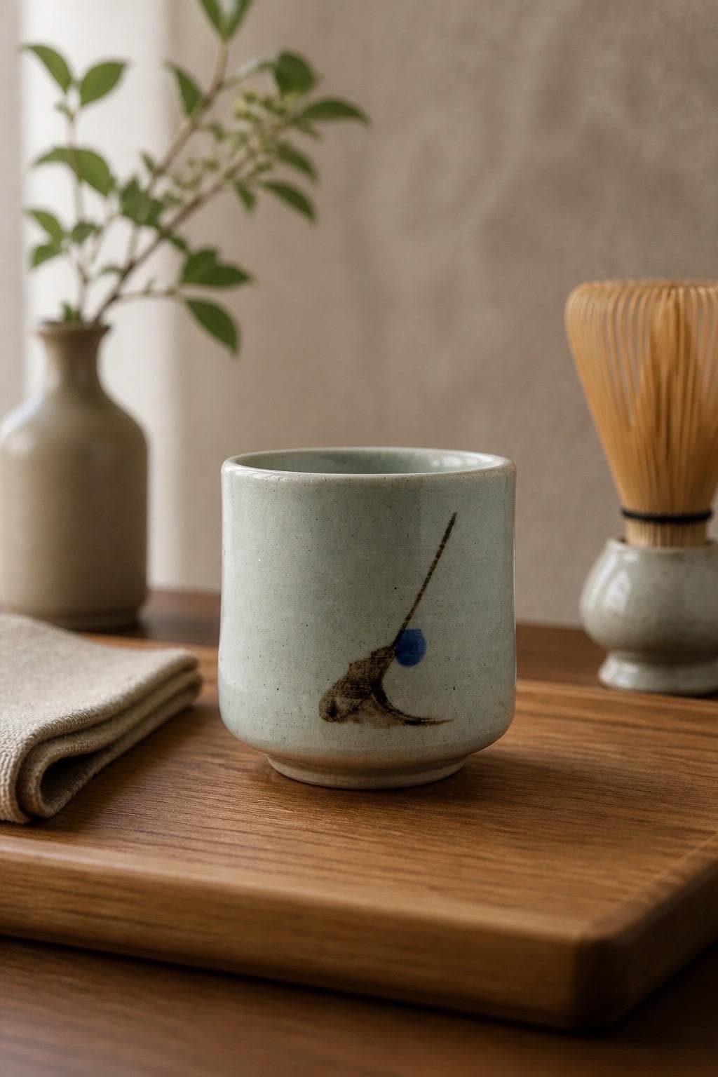 Yunomi en grès blanc avec décor sumi-e cobalt, vue 5 sur 10, tasse à thé japonaise façonnée à la main par Terresme.