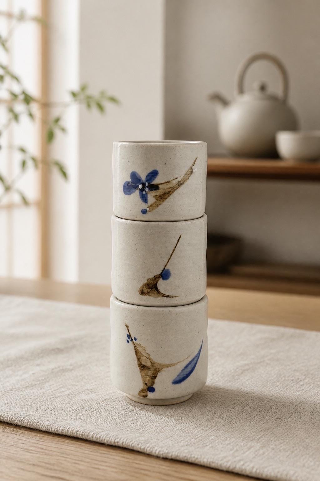 Yunomi en grès blanc avec décor sumi-e cobalt, vue 8 sur 10, tasse à thé japonaise façonnée à la main par Terresme.